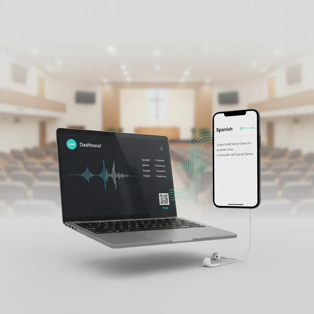 TruBible running on a laptop and a phone, showing the live translation dashboard